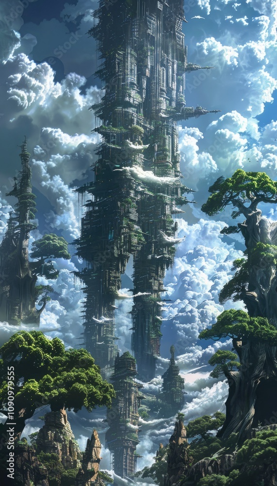Fototapeta premium A Tall, Towering, Metal Structure Reaching Towards the Sky, Surrounded by Lush Greenery and Fluffy Clouds