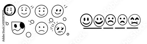 Customer satisfaction tracker. Stress meter graph. Progress chart with smiley icons. Emotion measurement dashboard. Feedback or survey. Feeling gauge. Modern dial diagram set.