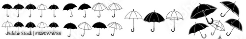 A realistic mockup of a black umbrella, showcasing both its open and closed states. Multiple views of the parasol with a handle, including folded waterproof tents and a set of modern classic