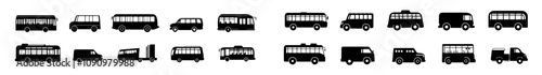 Icons of buses. School bus icon in black. Transport symbol. Isolated autobus pictogram. Stock modern illustration.