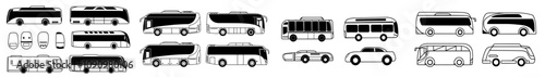 A mockup of a minibus showcasing various perspectives: rear, top, and front. This 3D model includes a public microbus with doors and windows, suitable for vehicle branding and corporate identity,