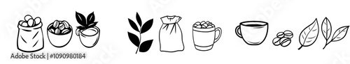 Hand-drawn illustration of Arabica beans, a bag of roasted seeds, an espresso cup, a rustic wooden spoon, and tree leaves with berries, all in a black and white retro style.