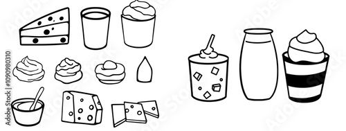 Collection of milk and yogurt. Dairy products including bottles, cheese, cream, fresh butter, and yogurt in cups or glasses. Gourmet farm dessert featuring sour cream. Healthy nutrition food. Modern