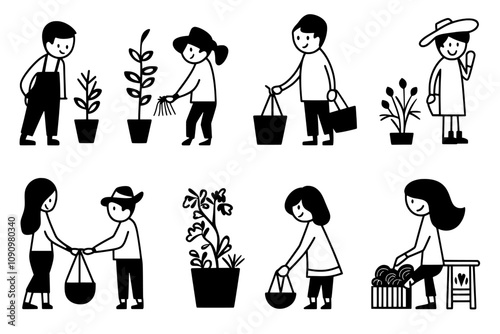 Agricultural worker. Livestock. Garden crop. Farmers tending to animals. Milking a cow. Feeding pigs. Gardening equipment. Man planting seeds. Woman tilling soil. Contemporary farming setup.