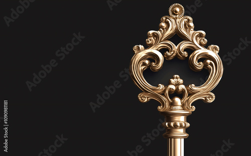 a highly ornate, gold-colored skeleton key against a black background.  The key's head is elaborately designed with swirling, curlicue patterns in a style reminiscent of Baroque or Rococo design.  The