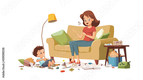 Mother with Naughty Boy at Home, Woman Talking