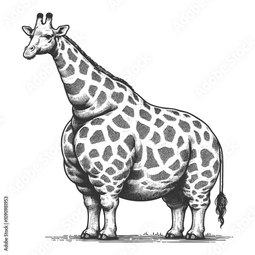Fat overweight chubby body positive giraffe with exaggerated features, blending humor and classic artistic detail sketch engraving generative ai vector illustration. Scratch board. Black and white.