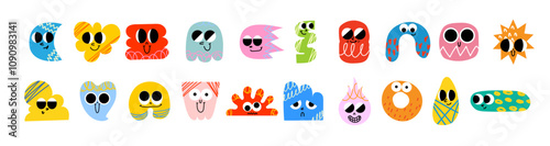 Funny cartoon characters mascots in trendy retro style and different geometric shapes. Hand drawn abstract funny cute comic characters sticker pack. Diversity concept.