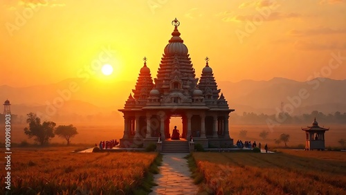 A beautiful Indian temple bathed in the warm glow of a golden sunrise, surrounded by vast fields, evoking peace and spiritual awakening