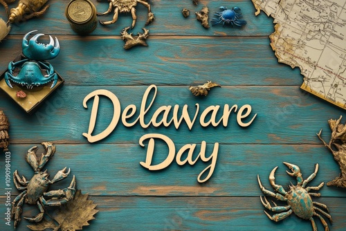 Delaware Day-themed design celebrating the state's history and legacy, featuring symbols like the Delaware state flag, map outline, historic motifs, and patriotic elements in a vibrant and festive sty photo