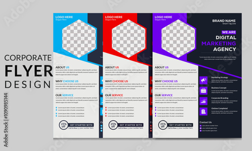 modern unique business flyer design, business flyer template with blue, red and purple color variations 