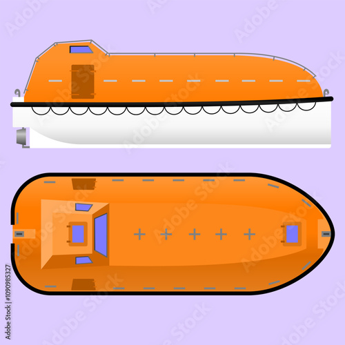 Fully Enclosed Life Boat. Side and top profile of a fully enclosed life boat typically found on a tanker ship. Isolated vector illustration. photo