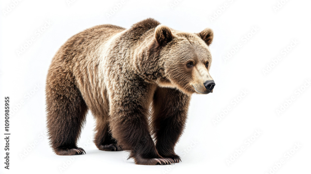 Fototapeta premium Majestic brown bear on white background showcasing its powerful build and thick fur.