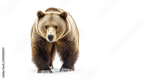 A majestic brown bear strides confidently on snow, with its dense fur contrasting against the pristine white background, showcasing the wild beauty of nature.