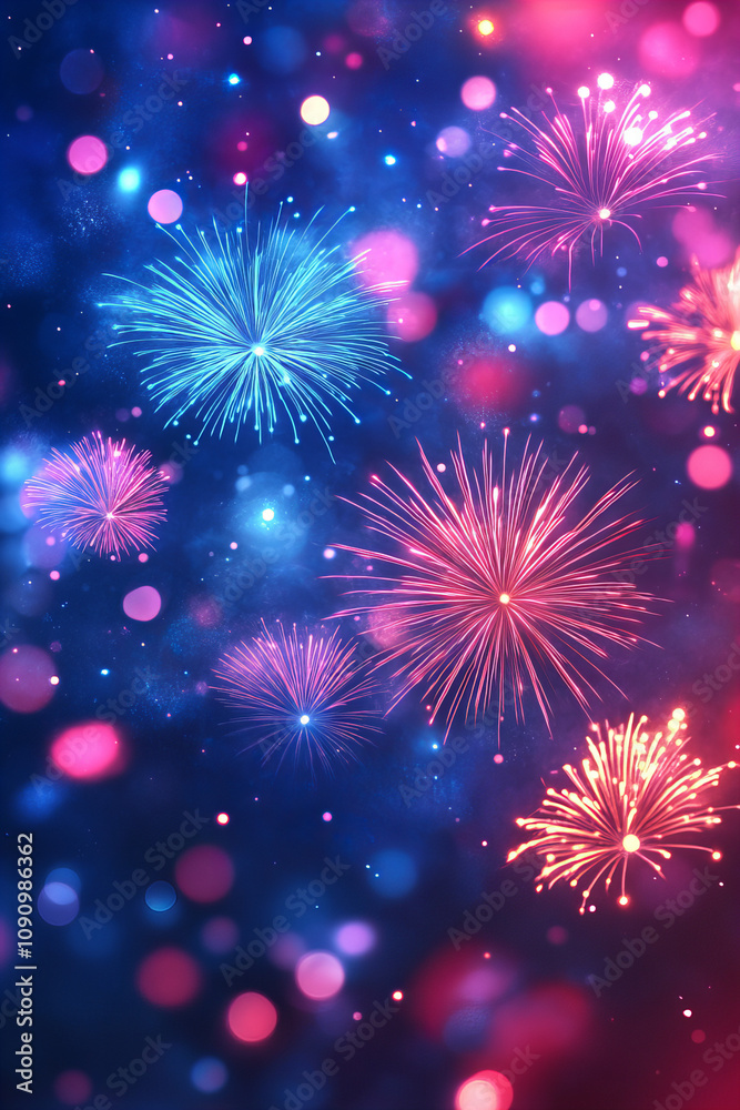 Fototapeta premium Vibrant Fireworks Display on Festive Night with Colorful Sparkles and Glowing Bokeh in a Celebratory Atmosphere
