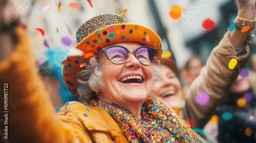 Happy older lady at street festival or carnival parade photo