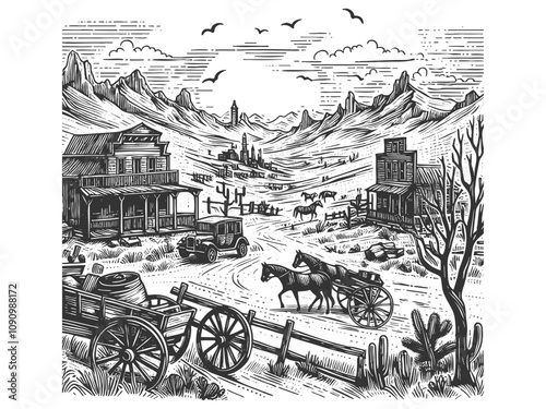 Wild West landscape desert homestead featuring wooden cabins, towering cacti, rugged mountains, and a rustic wagon sketch engraving generative ai vector illustration. Scratch board. Black and white.