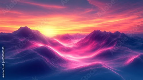 A vibrant pink and purple sunset over a range of rolling mountains with a glowing light emanating from the valley.