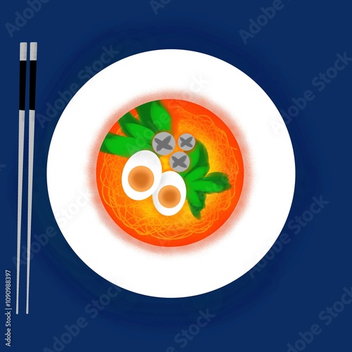 Flat Illustration of Meatball Noodle Soup with Egg and Vegetables