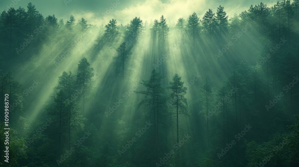 Obraz premium Sunbeams Illuminating a Mystical Forest