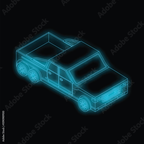 Neon blue pickup truck wireframe showing six wheels on black background photo