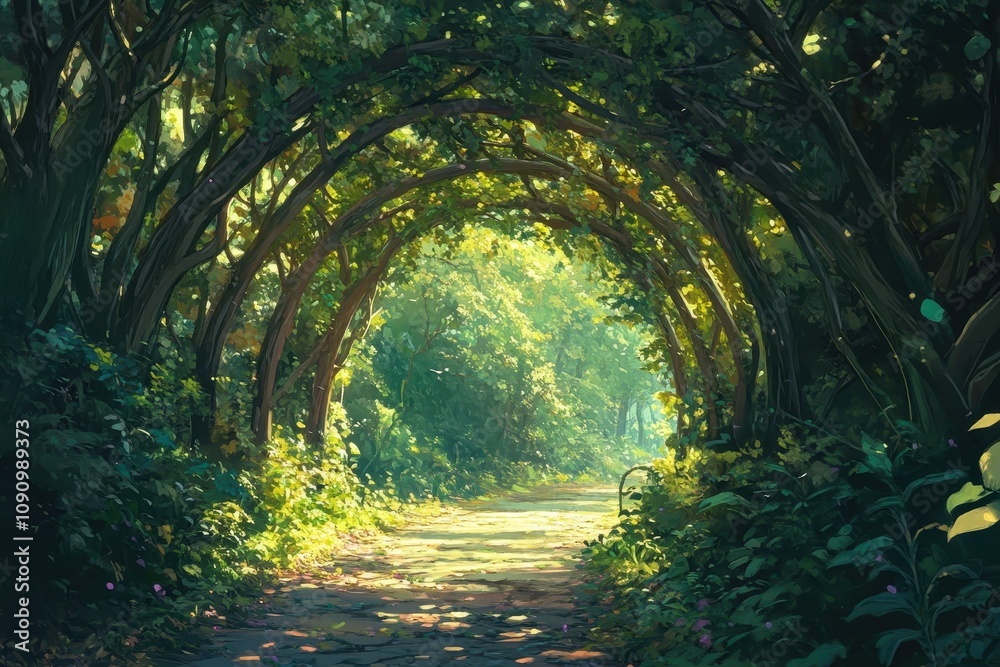 Obraz premium Lush, vibrant trees form a natural archway in the forest, with sunlight streaming through the leaves and dappled light dancing on the ground