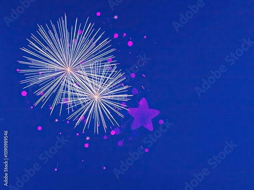 Firework stars bursting on a midnight blue canvas with splashes of pink and purple colors, vibrant hues, starburst photo