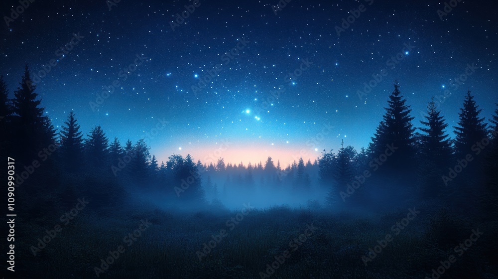 Naklejka premium Mystical Night in the Enchanting Forest Under a Starry Sky