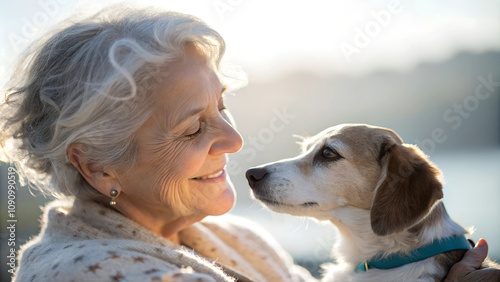 Sinnliches Portrait einer älteren Frau mit einem Hund. Konzept: Starke emotionale Verbindung zwischen Mensch und Tier - 