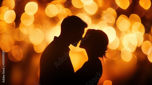 Couple kissing under fairy lights romantic setting soft focus valentine's day love