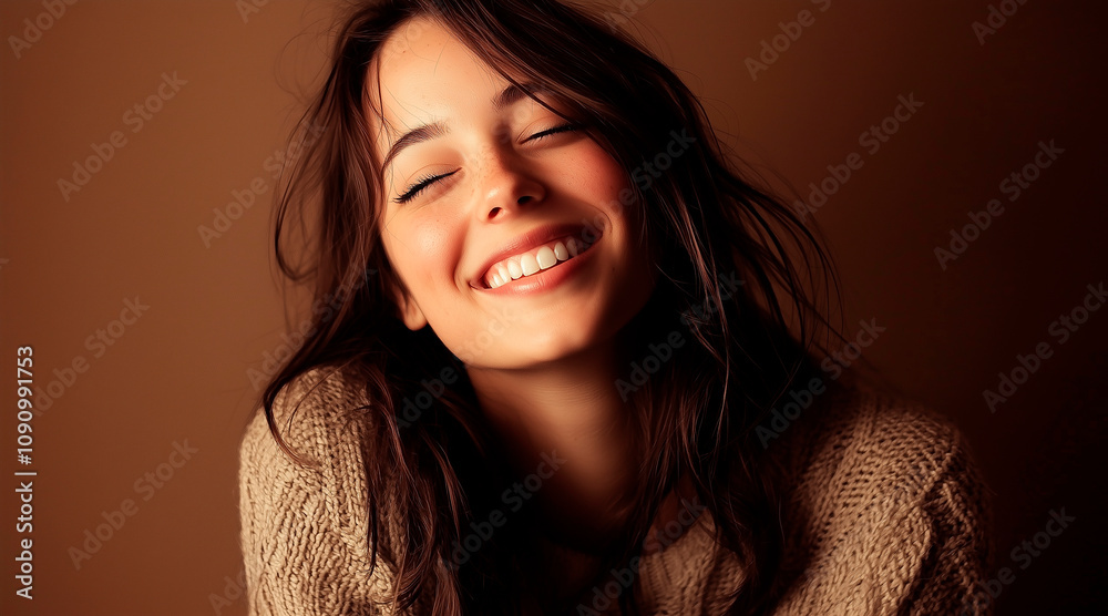 Young Woman in Sweater against Brown Background Young Woman in Sweater against Brown Background