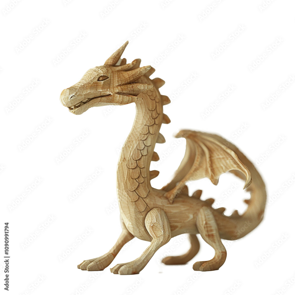 Fototapeta premium 3D Wooden Dragon Chinese Mythical Creature Render on White Transparent Background