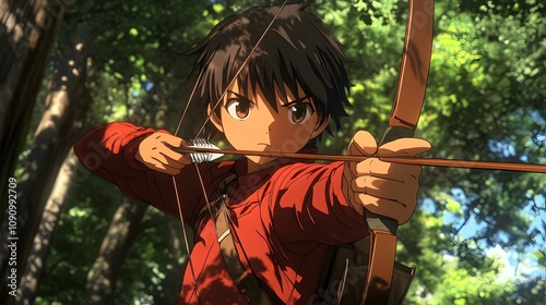 Anime archer aiming a bow forest background focused