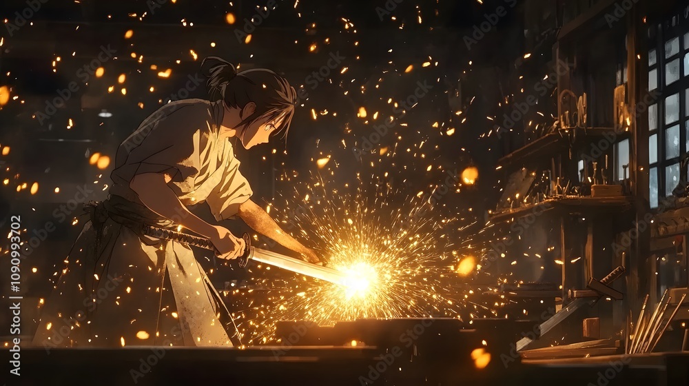 Anime blacksmith forging a sword in a workshop sparks Anime blacksmith forging a sword in a workshop sparks