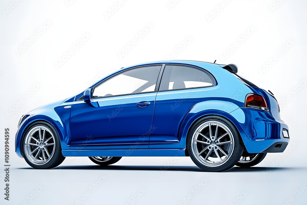 Naklejka premium A blue car with a white background. The car is blue and has a shiny finish