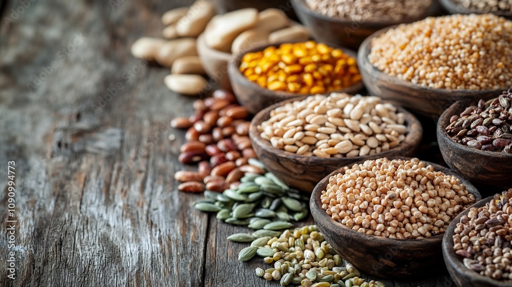 Fototapeta premium Harvest Sustainability Snack, Neatly Arranged Organic Grains and Seeds on Rustic Wooden Surface with Copy Space