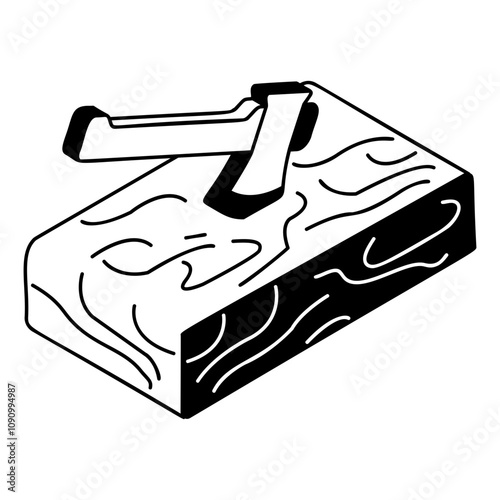 Split Wood Slab outline isometric vector, Handyman Services symbol, House Repairing sign, Civil Engineering and Building Contractor stock illustration, Timber Cutting with Manual Axe concept