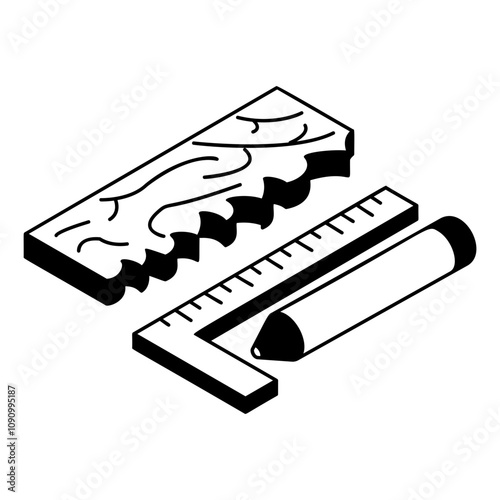 Timber Slab, Right Angled Scale and Marker Pencil concept outline isometric vector, Handyman Services symbol, House Repairing sign, Civil Engineering and Building Contractor stock illustration