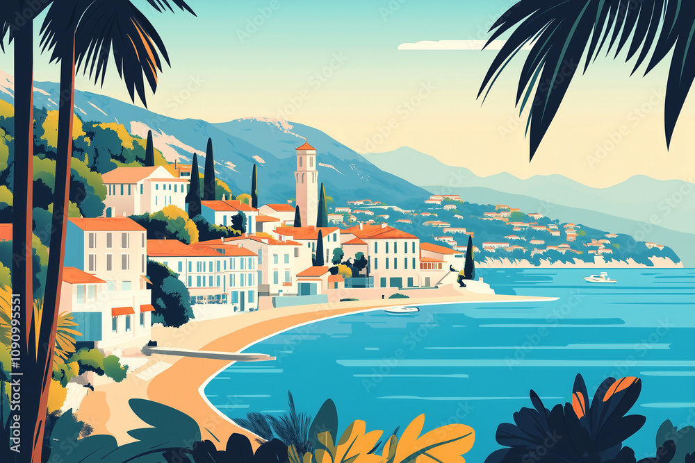 Obraz premium Flat design travel poster for French Riviera