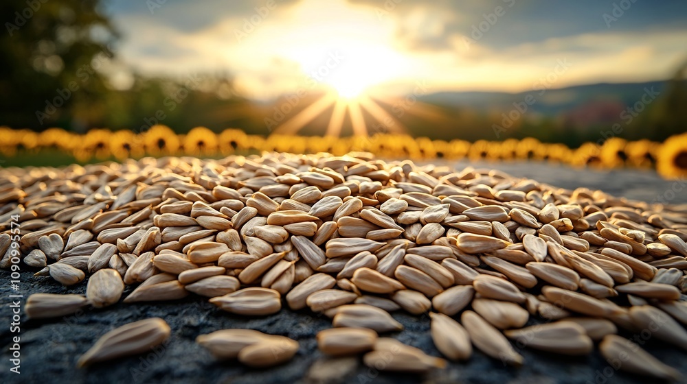 Obraz premium Harvest Sustainability Snack, Sunflower Seeds Spread on Natural Stone Slab for Sustainable Snack Production