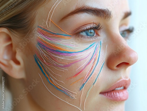 skin layers highlighting declining collagen and elastin fibers contribute wrinkles including areas like crows feet and forehead lines clear annotations. photo