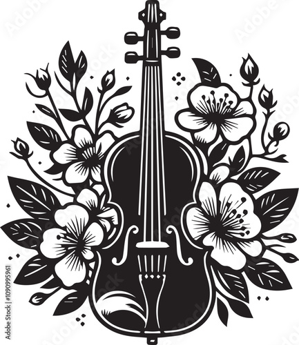 Elegant black and white violin surrounded by floral design. A stylized, black and white graphic illustration of a violin encircled by delicate floral and leaf designs.