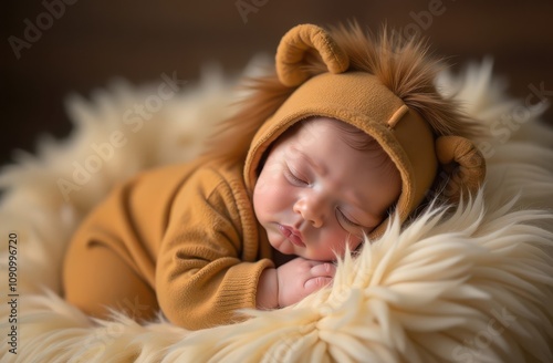 Newborn baby in lion costume lying on faux fur blanket