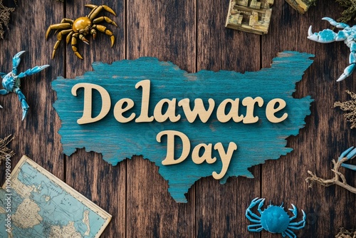 Delaware Day-themed design celebrating the state's history and legacy, featuring symbols like the Delaware state flag, map outline, historic motifs, and patriotic elements in a vibrant and festive sty photo