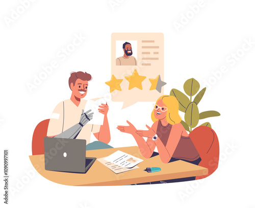 Man company boss chief with artificial bionic hand reading job seeker resume at hr department