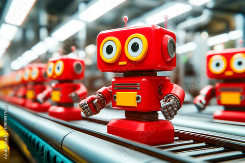 Red toy robots on a conveyor belt in a production line, representing manufacturing and automation in a playful setting.