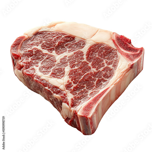 Raw porterhouse steak with visible marbling, isolated.