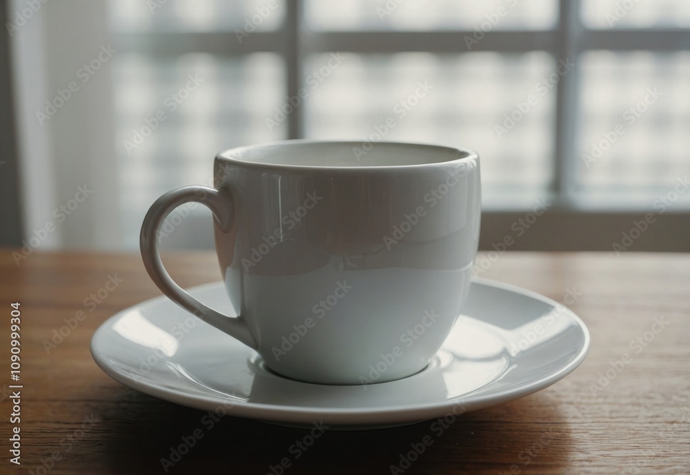 Obraz premium Warm Coffee Cup Resting on a Wooden Table With Natural Light Coming Through a Window
