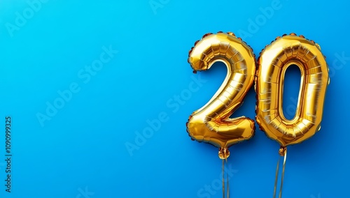 Banner with number 20 golden balloon with copy space. thirty years anniversary celebration concept on a blue background	
