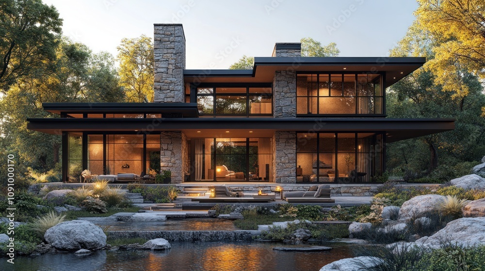 Fototapeta premium Modern Stone House Architectural Design by a Lake